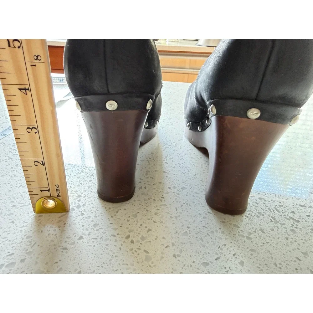 UGG Women 8 Black Leather Suede Shearling Cuff Studded Wood Heel Clog Boots
